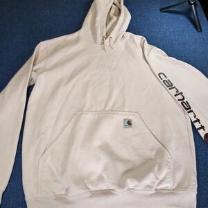 Carhartt Mens Loose Fit Sleeve Logo Pullover Hoodie Pink Tan Med workwear